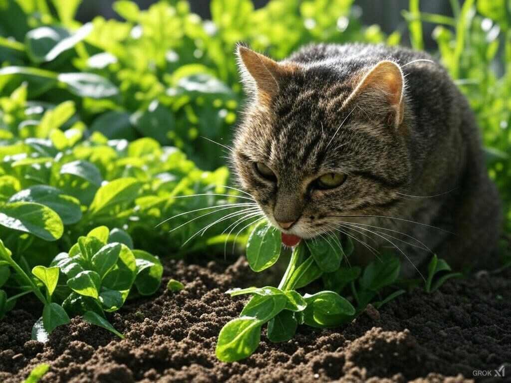 A cat eating raw spinach safely as a healthy treat