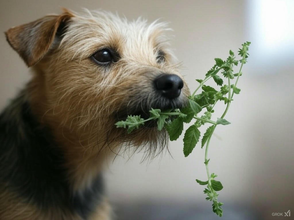 A dog sniffing or eating catnip, with a curious expression.