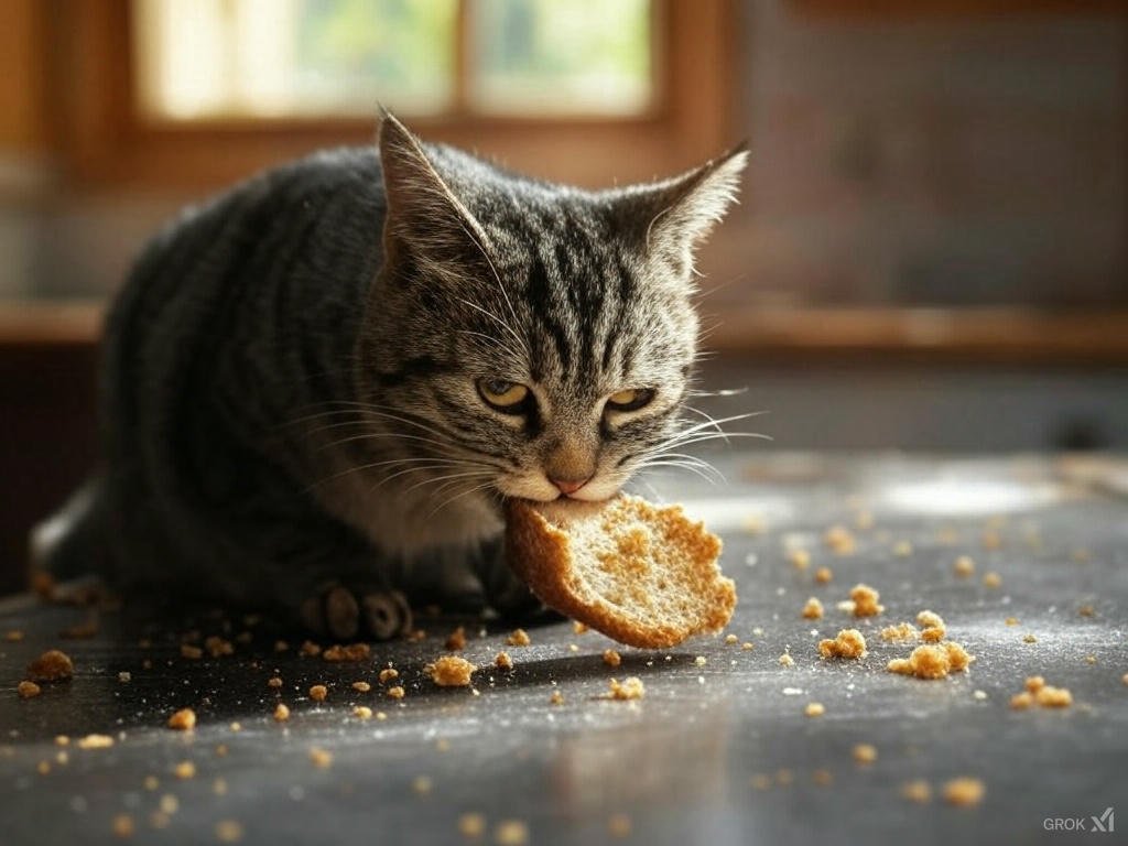 A curious cat nibbling on a piece of bread crust, exploring human food safely.