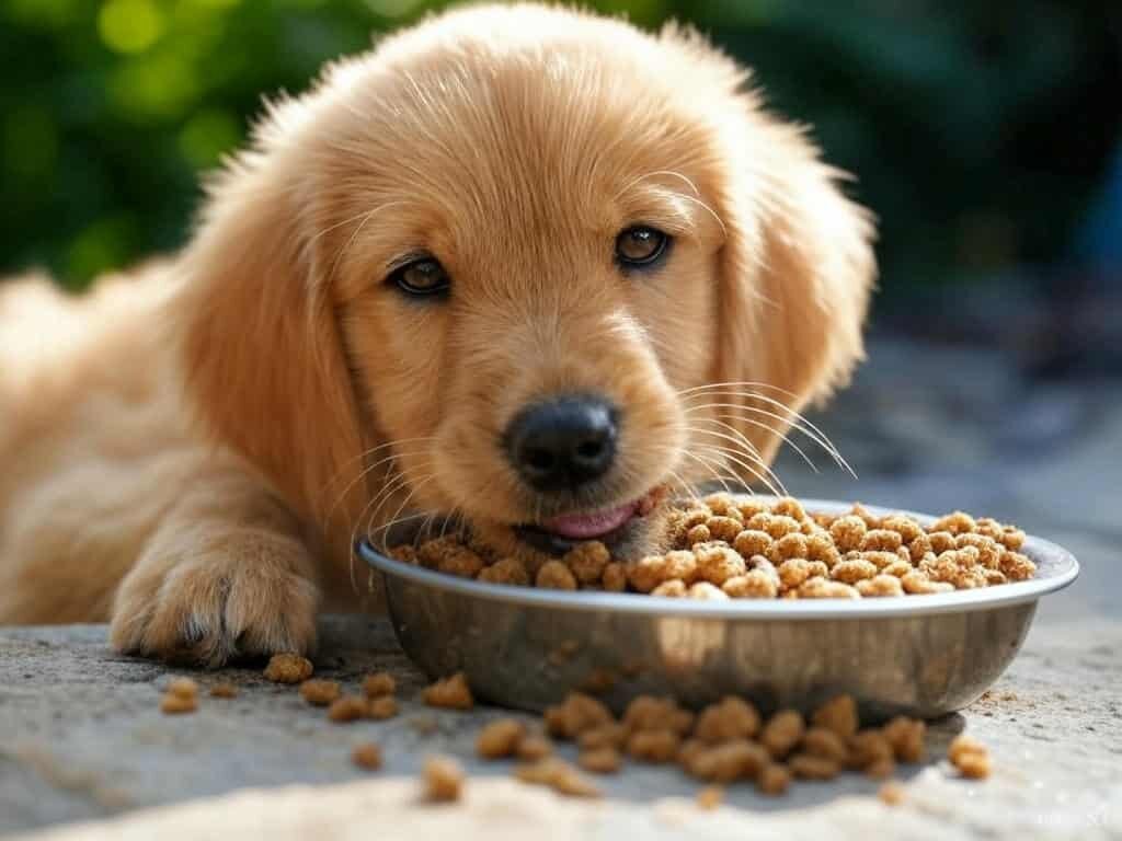 A healthy puppy enjoying a meal of easily digestible dog food for diarrhea.