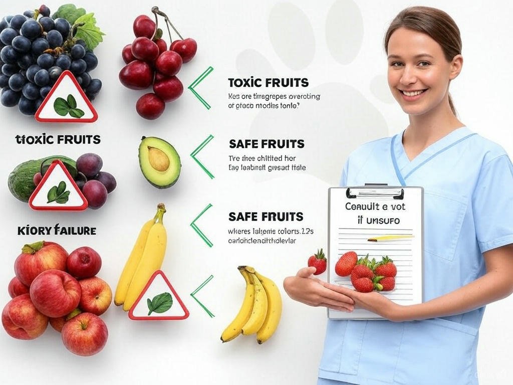 Visual guide to toxic and safe fruits for dogs, highlighting fruits like grapes, cherries, and avocados that are dangerous for dogs, along with safe options like apples and blueberries.