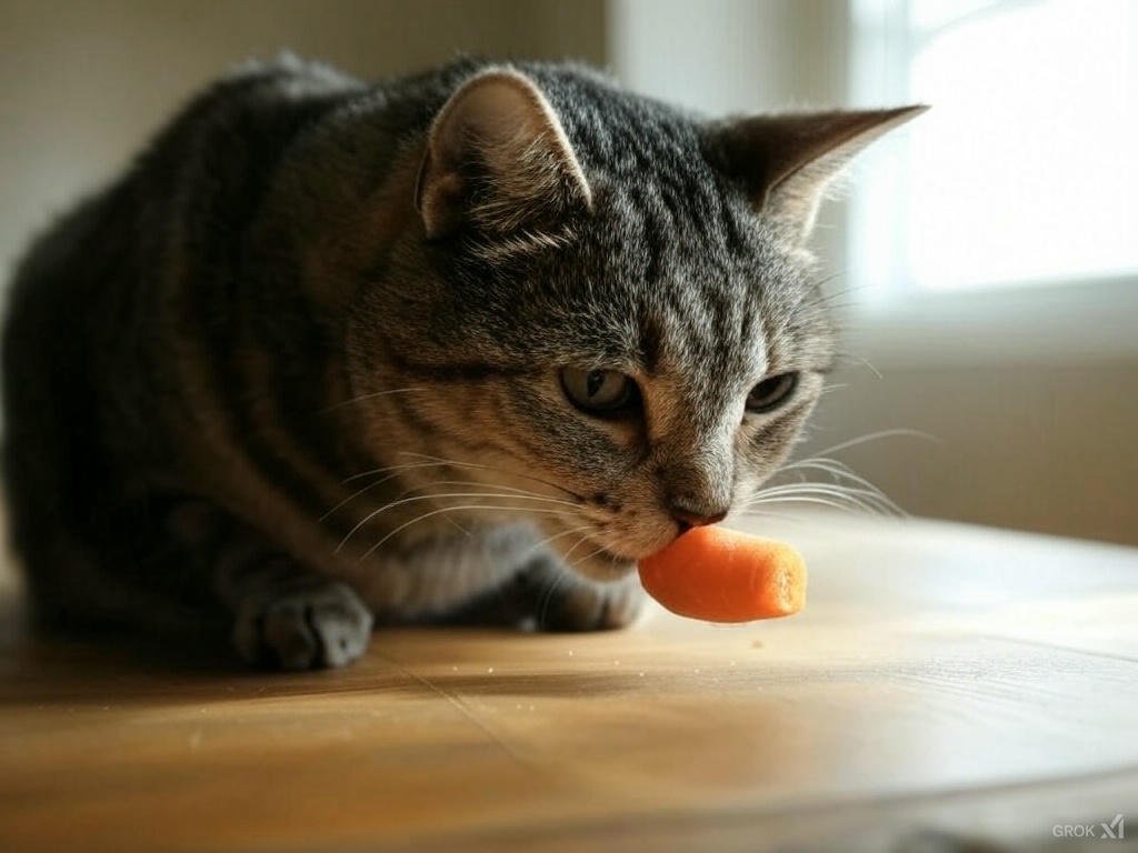 A close-up photo of a cat eating a small piece of carrot, showcasing safe and healthy treat options for cats.