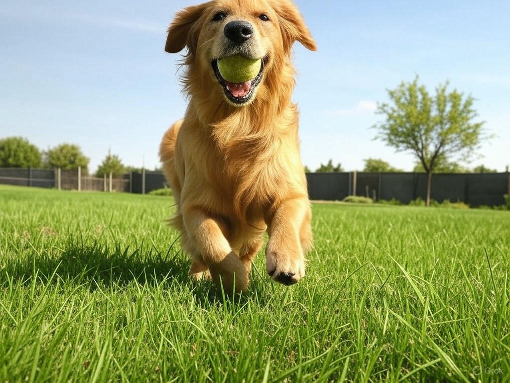 A happy dog running with a tennis ball in its mouth, showcasing the joy and excitement dogs feel while playing fetch.