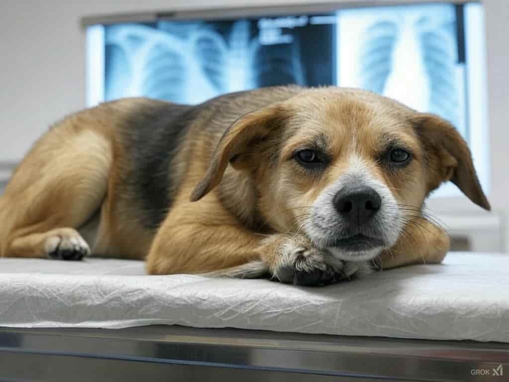 Dog with pneumonia undergoing veterinary examination and X-ray report showing lung inflammation.