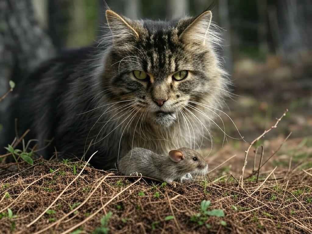 A skilled hunting cat staring intently at a mouse, showcasing the natural instincts of the best mouser cat breeds