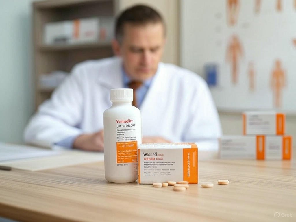 A veterinarian holding Vetmedin tablets while discussing heart medication for dogs with congestive heart failure or dilated cardiomyopathy.