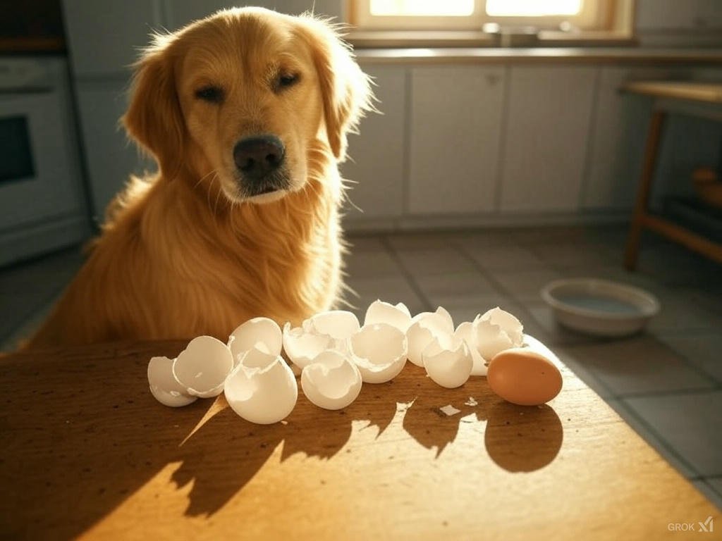 Can dogs eat egg shells? A close-up of baked and ground egg shell powder being sprinkled on a dog’s food, showcasing a safe and nutritious way to add calcium to your pet’s diet.