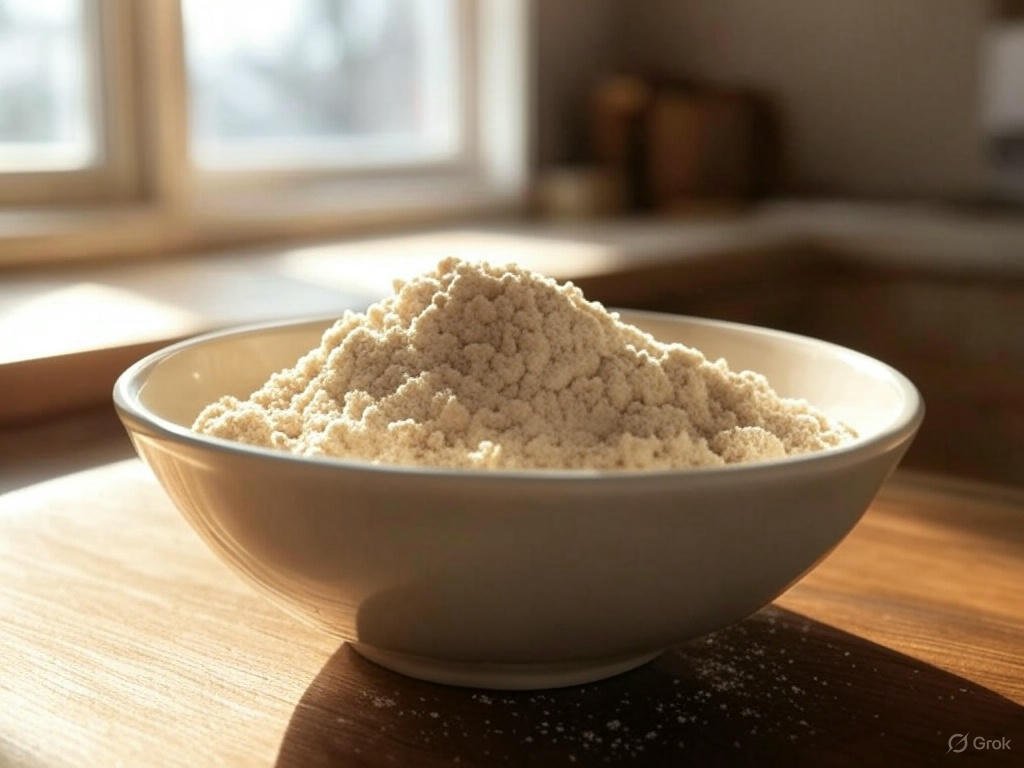 Bowl of oat flour with a measuring scoop and a happy dog, showcasing safe and healthy oat flour for dogs.