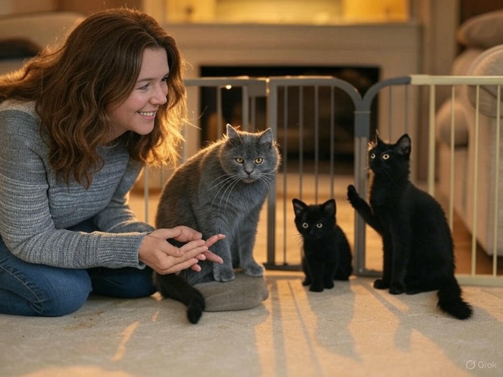 A young girl carefully introduces a new cat to an old cat, ensuring a smooth and peaceful transition between the two pets.