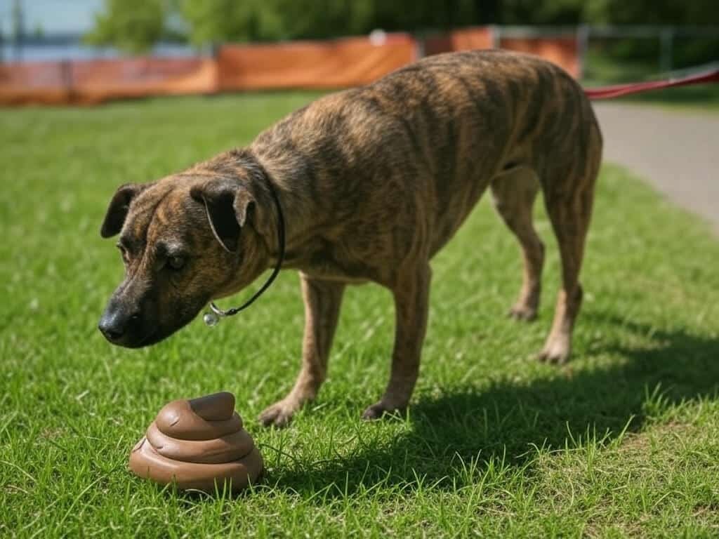 A dog eating goose poop in a park near a lake, highlighting the risks of bacteria and parasites in goose droppings.