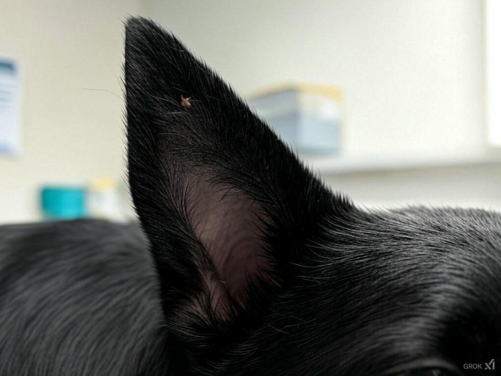 A close-up of a dog’s ear showing signs of ear mites, including redness, dark debris resembling coffee grounds, and inflammation, with a focus on identifying ear mite symptoms in dogs.