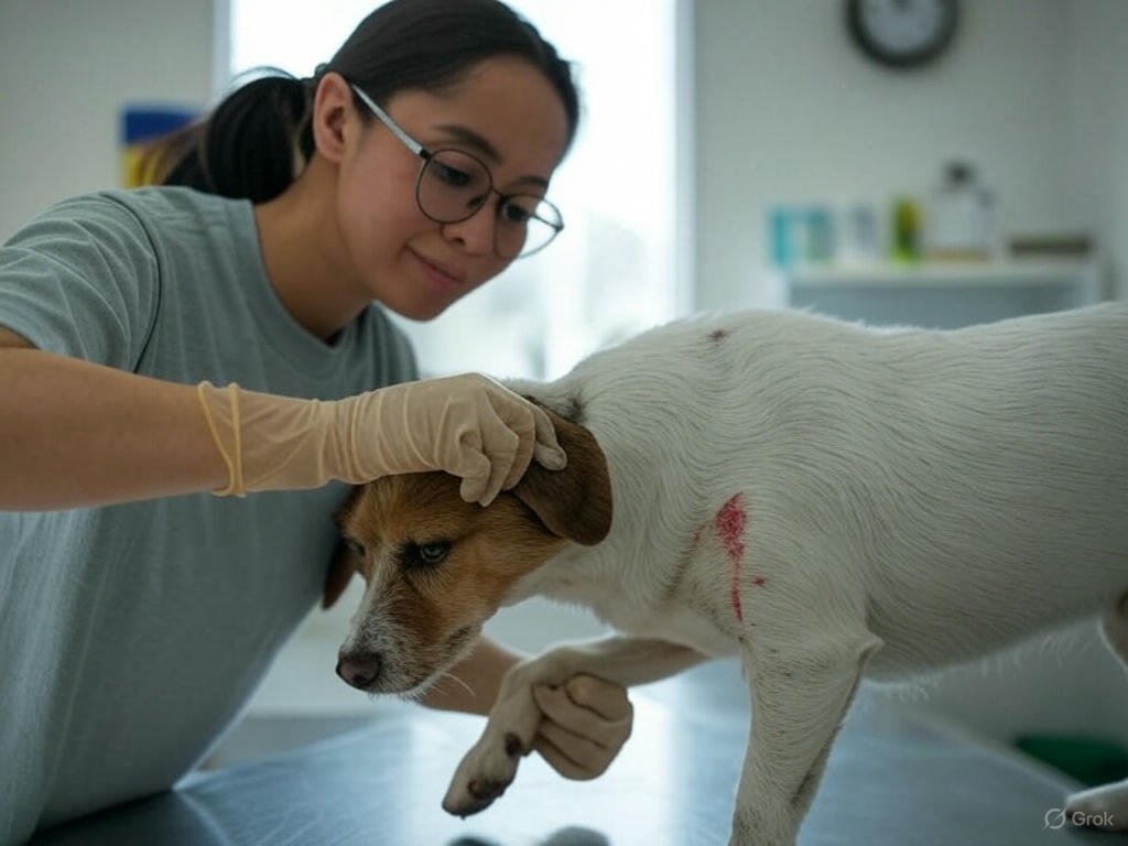 A girl gently cleaning her dog’s wound at home, using pet-safe antiseptic and gauze to ensure proper care and healing for her furry friend.