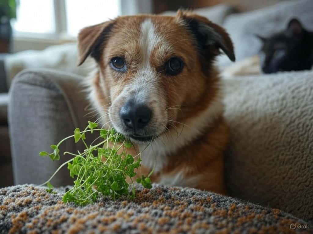 A dog eating microgreens from a bowl, showcasing pet-friendly microgreens as a safe and healthy addition to a dog’s diet. Learn more about can dogs eat microgreens and their health benefits.