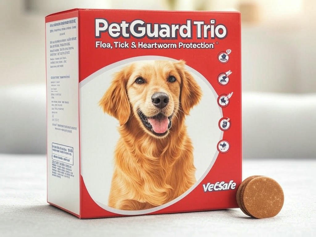 Simparica Trio chewable tablet for dogs, providing protection against fleas, ticks, and heartworms in a single monthly dose.