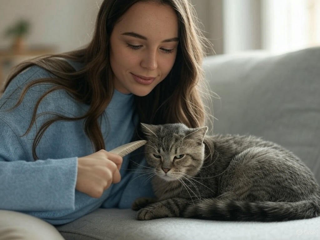 Pet owner brushing her cat’s fur to prevent hairballs and promote healthy grooming habits at home.