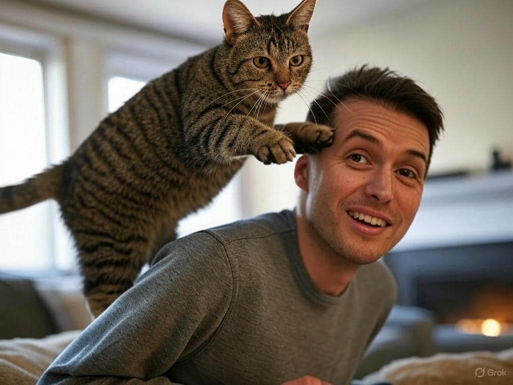 A playful cat jumping on a man’s back, displaying natural climbing behavior and curiosity