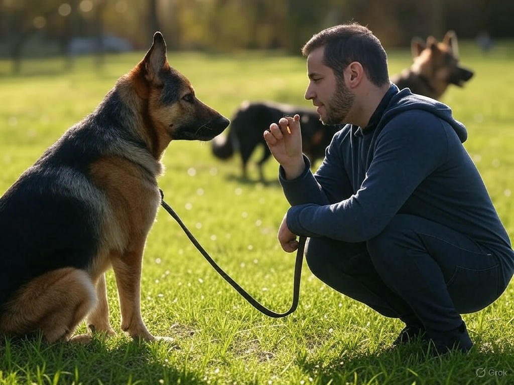 A dog owner calmly talking to their dog, teaching it to stop barking at other dogs using positive reinforcement and behavioral training techniques.